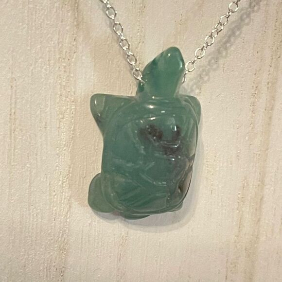 Turtle necklace green aventurine tortoise silver plated 18” NEW handmade - Picture 6 of 12